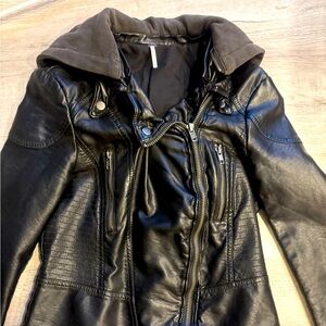 FREE PEOPLE faux leathered jacket with hood. EUC SIZE SMALL
